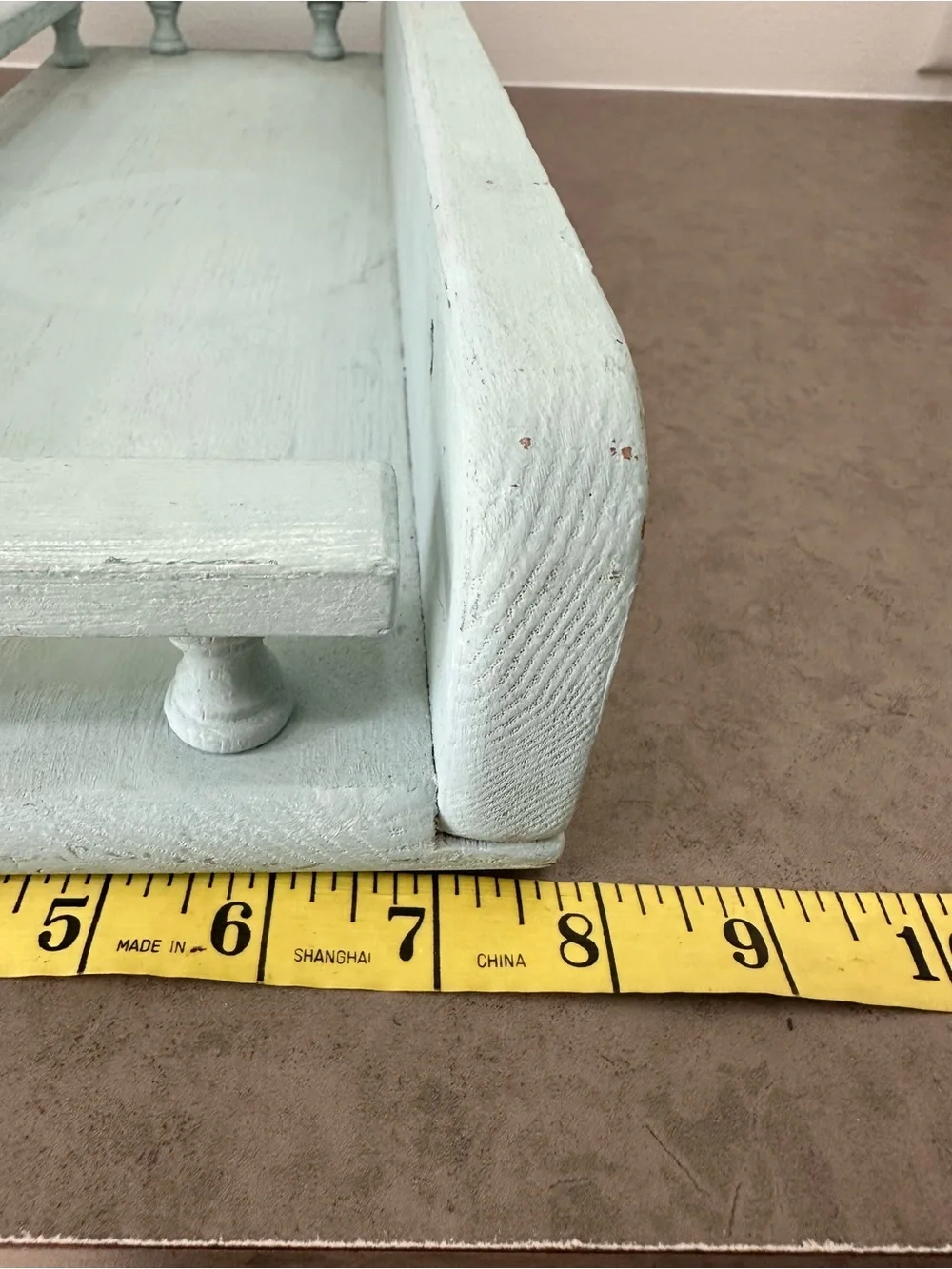 Vintage-Inspired Light Blue Painted Wood Wall Shelf Spindle Gallery Rail 20 x 8”